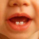 Baby Teeth Eruption — close-up of a baby’s mouth showing the first lower central incisors emerging through the gums.