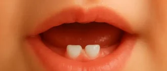 Baby Teeth Eruption — close-up of a baby’s mouth showing the first lower central incisors emerging through the gums.