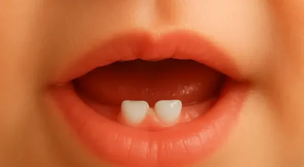 Baby Teeth Eruption — close-up of a baby’s mouth showing the first lower central incisors emerging through the gums.