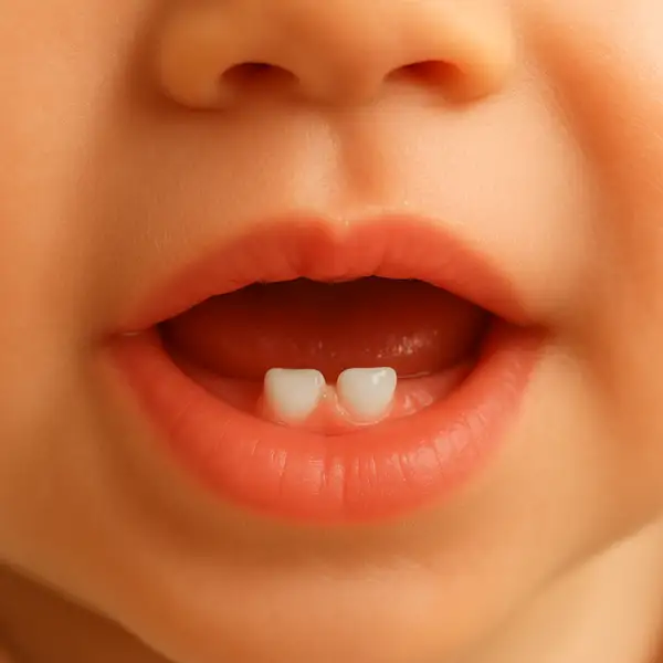 Baby Teeth Eruption — close-up of a baby’s mouth showing the first lower central incisors emerging through the gums.