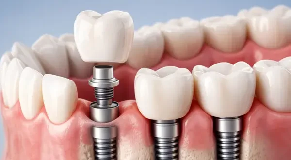 Modern dental animation showing full arch tooth replacement with implants embedded in gums, illustrating complete mouth implant restoration