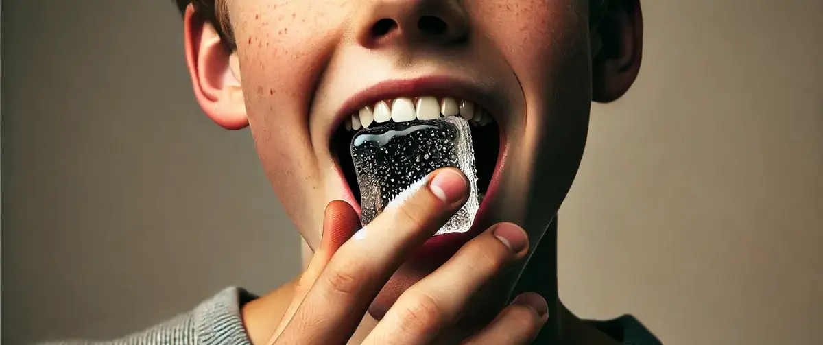 Teen biting into ice cube with front teeth – illustrating dental risks of chewing ice in adolescents.