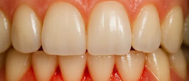 Close-up view of mild gum bleeding between teeth, showing early signs of gingivitis.