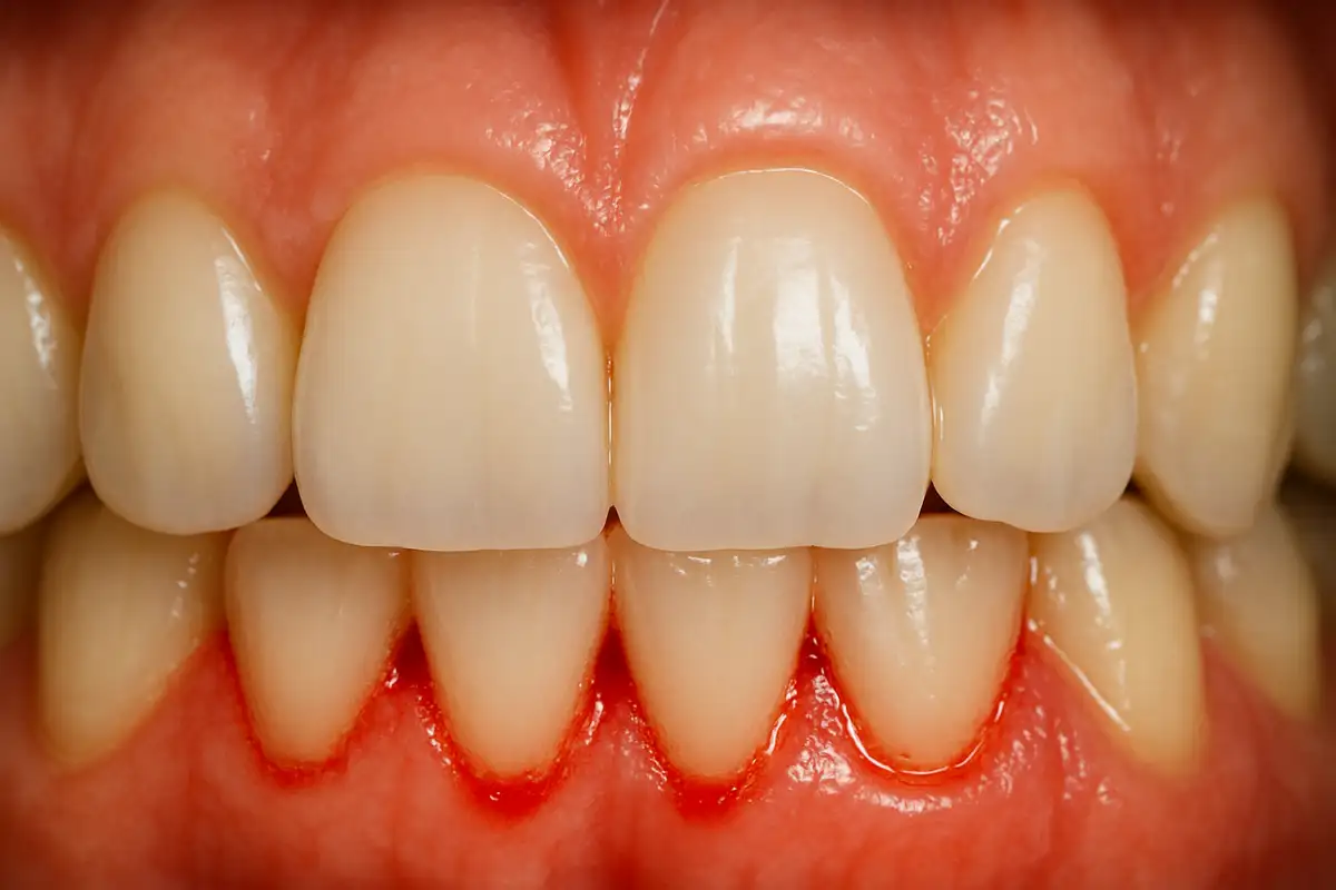 Close-up view of mild gum bleeding between teeth, showing early signs of gingivitis.