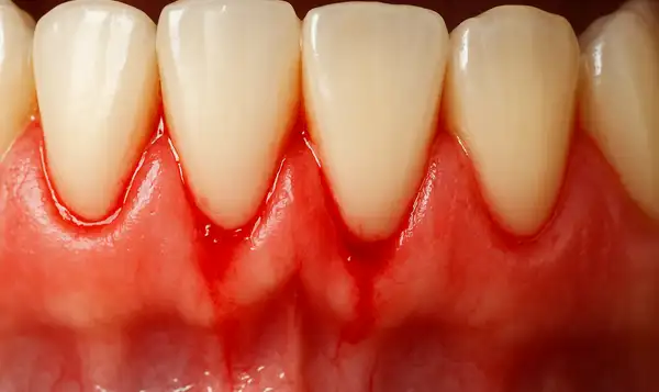 Realistic dental image featuring slightly swollen gums with visible bleeding along the gumline.