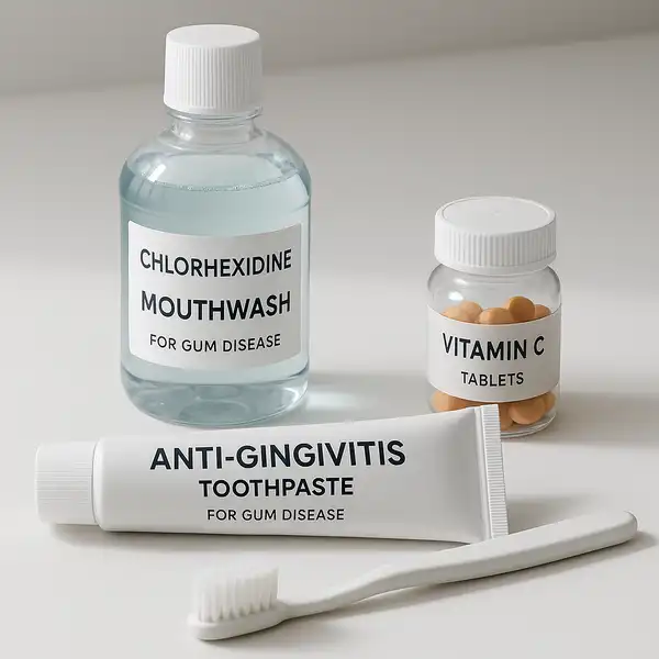 Chlorhexidine mouthwash, anti-gingivitis toothpaste, vitamin C tablets, and a soft-bristled toothbrush arranged on a clinical white tabletop for gum disease treatment.