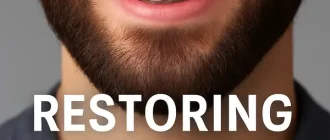 Close-up of a man's smile with healthy white teeth and full beard, symbolizing enamel restoration and cavity prevention