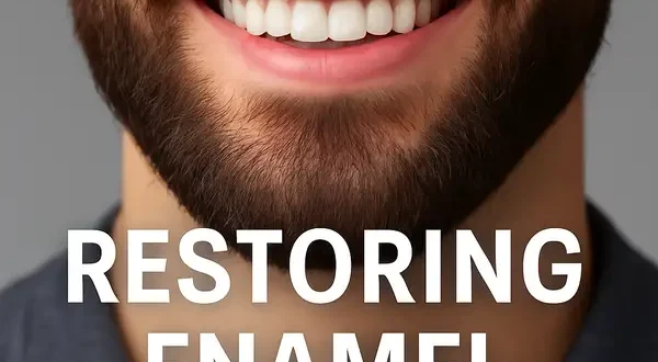 Close-up of a man's smile with healthy white teeth and full beard, symbolizing enamel restoration and cavity prevention