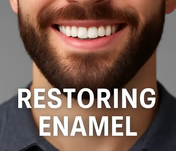 Close-up of a man's smile with healthy white teeth and full beard, symbolizing enamel restoration and cavity prevention