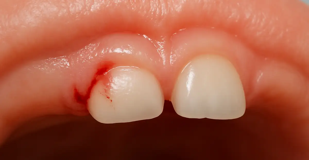 Close-up of baby gums with mild bleeding during teething, showing early signs of irritation and emerging primary teeth – pediatric oral health visual reference