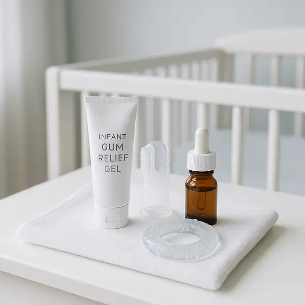 Baby oral care items for bleeding gums on table near crib – gum-relief gel, finger brush, teething ring, vitamin drops in a clean nursery setting