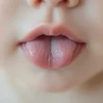 Close-up of a baby's mouth showing tongue thrusting behavior with tongue slightly protruding between lips