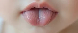 Close-up of a baby's mouth showing tongue thrusting behavior with tongue slightly protruding between lips