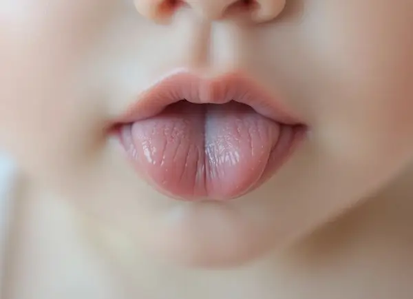 Close-up of a baby's mouth showing tongue thrusting behavior with tongue slightly protruding between lips
