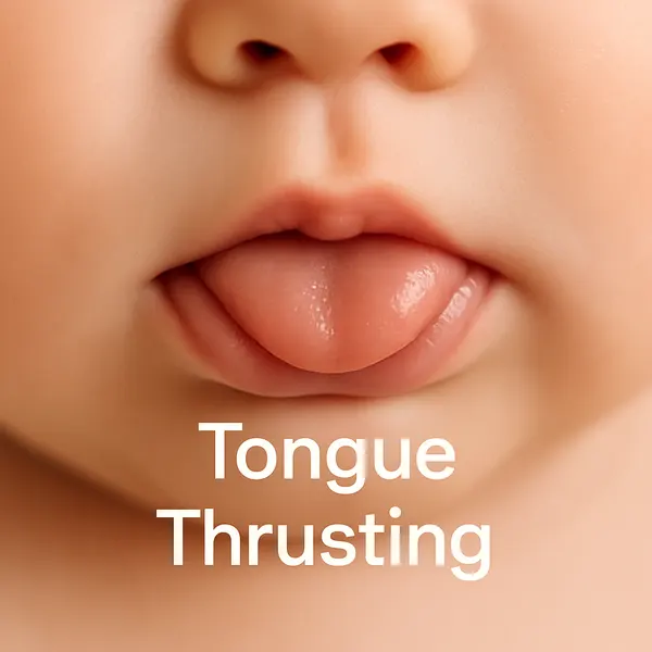 Close-up of baby’s mouth from front with visible tongue thrusting