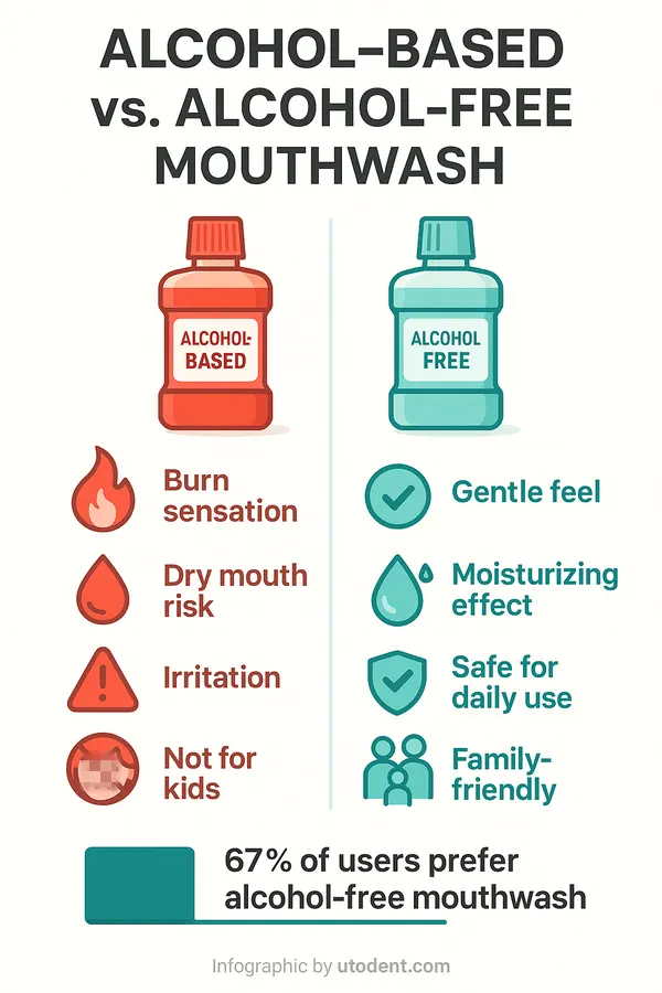 Infographic comparing alcohol-free vs. alcohol-based mouthwash benefits, highlighting gentle oral care, dry mouth prevention, safe daily use, and user preference statistics
