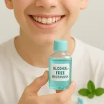 Close-up of a 12-year-old holding alcohol-free mouthwash bottle, with mint, toothbrush, and floss in a clean, fresh dental care setting.
