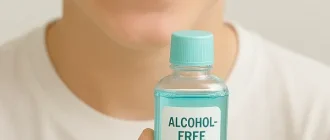 Close-up of a 12-year-old holding alcohol-free mouthwash bottle, with mint, toothbrush, and floss in a clean, fresh dental care setting.