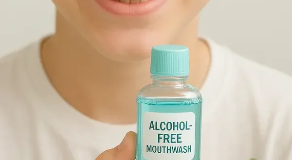 Close-up of a 12-year-old holding alcohol-free mouthwash bottle, with mint, toothbrush, and floss in a clean, fresh dental care setting.