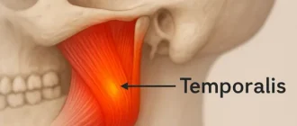 Anatomical illustration of the lower face showing jaw muscles with highlighted pain areas, including the masseter and temporalis, labeled with arrows.