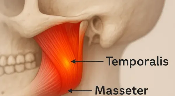 Anatomical illustration of the lower face showing jaw muscles with highlighted pain areas, including the masseter and temporalis, labeled with arrows.