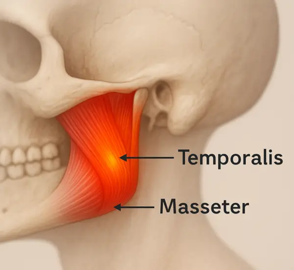 Anatomical illustration of the lower face showing jaw muscles with highlighted pain areas, including the masseter and temporalis, labeled with arrows.