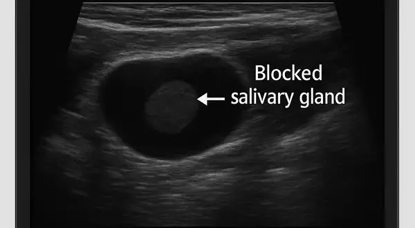 Ultrasound view used to diagnose a blocked salivary gland, illustrating how modern imaging helps detect and treat gland obstruction effectively.