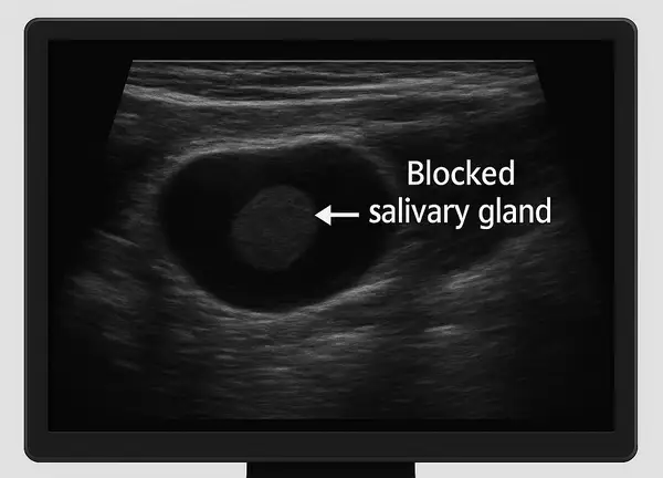 Ultrasound view used to diagnose a blocked salivary gland, illustrating how modern imaging helps detect and treat gland obstruction effectively.