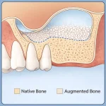 Sinus lift surgery illustration showing bone graft placement for upper jaw augmentation.