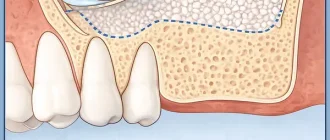Sinus lift surgery illustration showing bone graft placement for upper jaw augmentation.