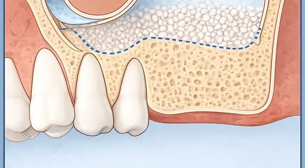 Sinus lift surgery illustration showing bone graft placement for upper jaw augmentation.