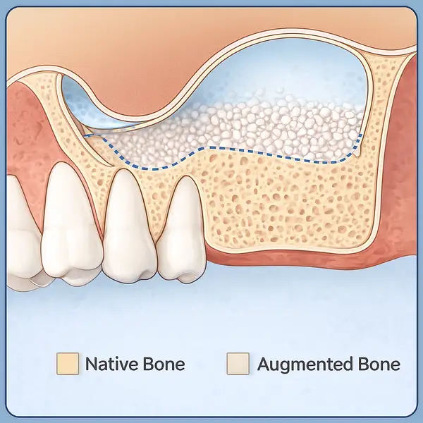 Sinus lift surgery illustration showing bone graft placement for upper jaw augmentation.