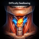 Anatomical illustration of the larynx highlighting Difficulty Swallowing, with illuminated obstruction showing impaired food passage in the throat.
