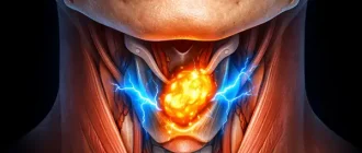 Anatomical illustration of the larynx highlighting Difficulty Swallowing, with illuminated obstruction showing impaired food passage in the throat.