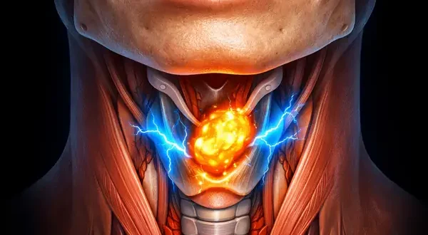 Anatomical illustration of the larynx highlighting Difficulty Swallowing, with illuminated obstruction showing impaired food passage in the throat.