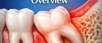 Wisdom Teeth Overview: 3D illustration of an impacted wisdom tooth beside a molar, inflamed gum, clear dental graphic