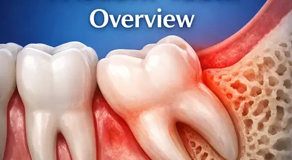 Wisdom Teeth Overview: 3D illustration of an impacted wisdom tooth beside a molar, inflamed gum, clear dental graphic