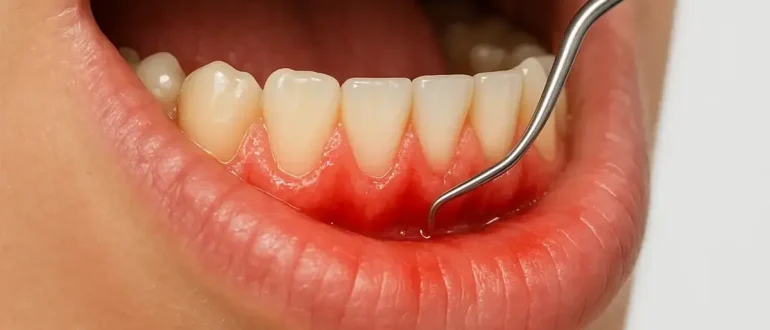 Close-up of inflamed gums after pregnancy with dental probe examining bleeding area during postpartum gingivitis check