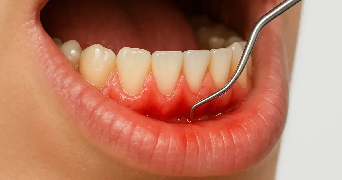 Close-up of inflamed gums after pregnancy with dental probe examining bleeding area during postpartum gingivitis check